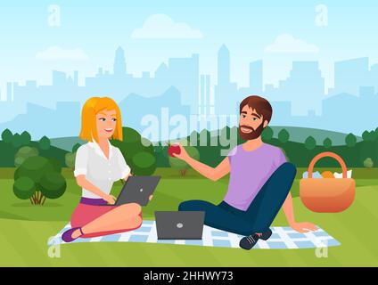 People on picnic in summer city park landscape vector illustration. Cartoon young man woman characters sitting on blanket on green grass together, wor Stock Vector