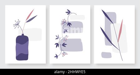 Minimal flower in vase, summer plant branch with leaves vector illustration set. Trendy wall art hand drawing by single continuous line, abstract flor Stock Vector