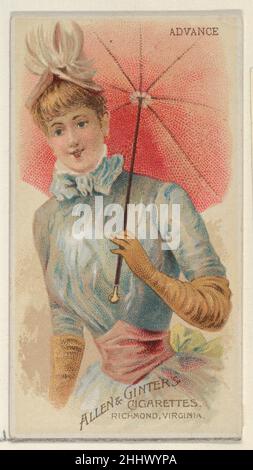 Advance, from the Parasol Drills series (N18) for Allen & Ginter Cigarettes Brands 1888 Allen & Ginter American Trade cards from the 'Parasol Drill' series (N18), issued in 1888 in a set of 50 cards to promote Allen & Ginter brand cigarettes.. Advance, from the Parasol Drills series (N18) for Allen & Ginter Cigarettes Brands  408642 Stock Photo