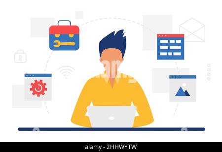 Website design, mobile app development technology concept vector illustration. Cartoon designer developer man character working with laptop on digital Stock Vector