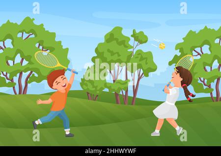 Happy children play badminton in summer park landscape vector illustration. Cartoon active little girl and boy child characters holding rackets, kids Stock Vector