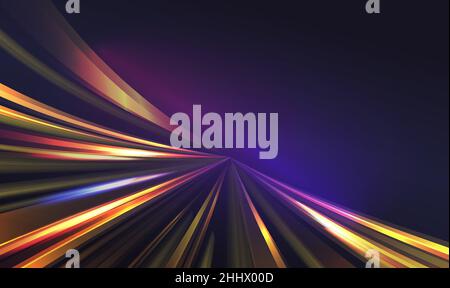 Light speed motion trail, blur streak effect vector illustration. Long exposure fast car transport lights on road city tunnel dark background, blurred Stock Vector