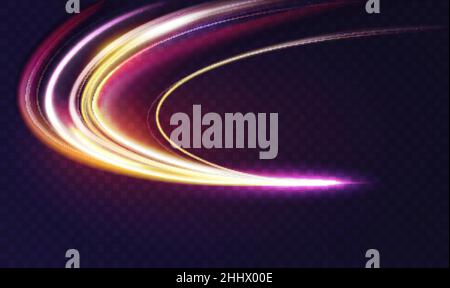 Car light trail effect, motion long exposure at night vector illustration. Glow of bright lines of transport vehicle drive on road highway, traffic au Stock Vector