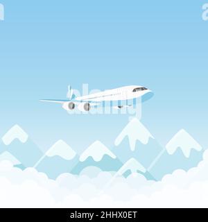 Airplane flight, air plane flying over mountains in blue sky vector illustration. Cartoon charter aircraft with passengers or cargo freight transport Stock Vector
