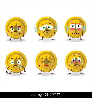 Cute golden coin character with sad emotions, depressed face, down eyes ...