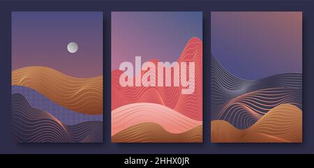 Abstract contemporary aesthetic night landscape with moon vector illustration set. Trendy wall decoration, luxury art deco wallpaper design with moon Stock Vector