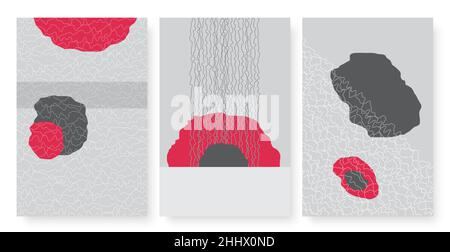Abstract red grey shape and hand drawn scribbles pattern vector illustration set. Minimal shapeless figures, wall poster art design, wallpaper templat Stock Vector