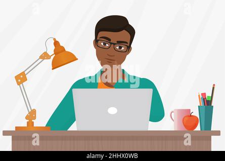 People think, work or study questions vector illustration. Cartoon thoughtful young man working on laptop at business office or home workplace, pensiv Stock Vector