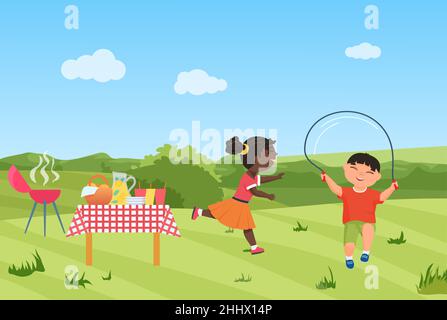 Happy children have fun on barbecue picnic party together vector illustration. Cartoon girl child running, boy character jumping rope, healthy sport a Stock Vector