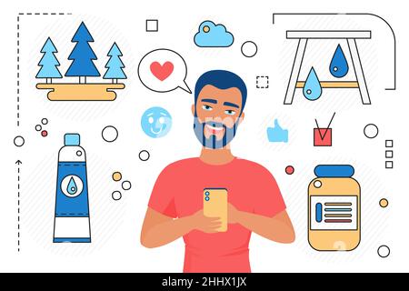 People with mobile phone, art tools objects, line app technology vector illustration. Cartoon man artist user character using smartphone application w Stock Vector