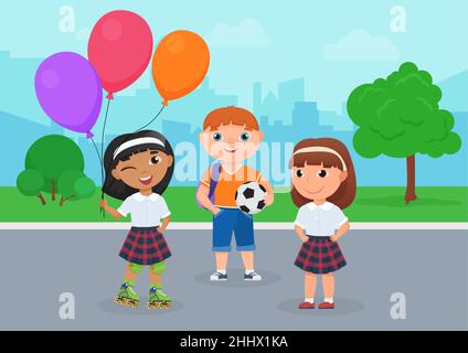 Happy friends children in school uniform stand together in park vector illustration. Cartoon girl in roller skates holding balloons, boy holding ball Stock Vector