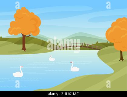 Swans swim in river, rural autumn nature landscape vector illustration. Cartoon wild birds on water surface, bridge over river or lake, trees with yel Stock Vector