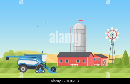 Grain silo tank storage, farm or modern ranch yard with farmhouse in village landscape vector illustration. Cartoon combine harvester working on green Stock Vector