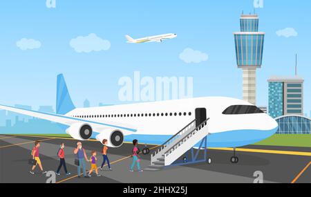 People in airport, queue of travelers and aircraft vector illustration. Cartoon passengers with bags standing in line, climb ladder to board aircraft Stock Vector