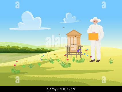 Beekeeper people work in apiary, farm apiculture agriculture, honey gathering from wooden beehive vector illustration. Cartoon man in protective unifo Stock Vector