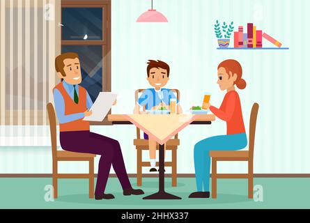 cartoon boy eating dinner with family