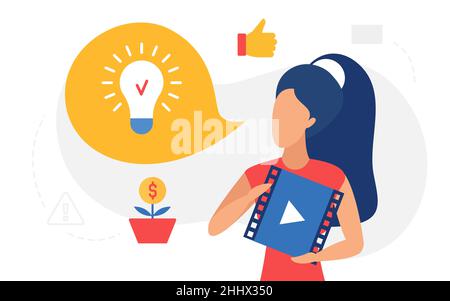 Online education, lightbulb lamp concept vector illustration. Cartoon woman character holding video player with business training course podcast icon Stock Vector