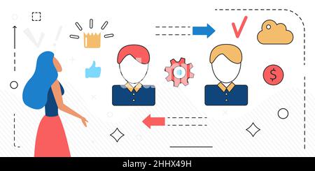Corporate dialog teamwork, opinion exchange of business people team vector illustration. Cartoon woman character working on business meeting, online d Stock Vector