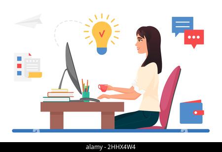 Content creative idea generation vector illustration. Cartoon businesswoman working with laptop on success startup isolated on white Stock Vector