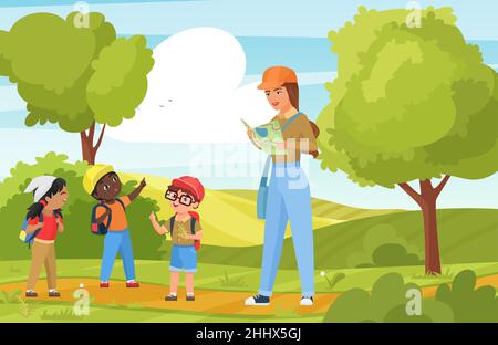 Children tourists walk and hike vector illustration. Cartoon woman hiker character holding map, active kids and teacher hiking in summer nature, outdo Stock Vector