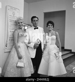 Venice Film Festival 1955, British actors (l-r) Belinda Lee, John Gregson and Eunice Gayson attend a party for The Kentuckian, Sunday 4th September 1955. Stock Photo