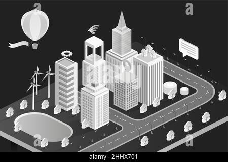 Isometric black and white 3d city with modern bank hotel office buildings, town houses apartment Stock Vector