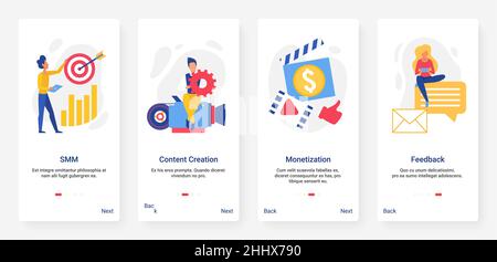 Social media marketing, smm target, creative content mobile app screen set Stock Vector
