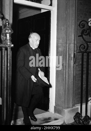 Dr Geoffrey Fisher, Archbishop of Canterbury, at 10 Downing Street. 24th October 1955. Stock Photo