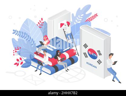 Online Korean language courses, remote school or university isometric concept Stock Vector