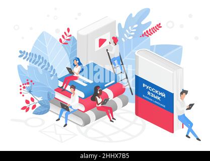 Online russian language courses, remote school or university isometric concept Stock Vector