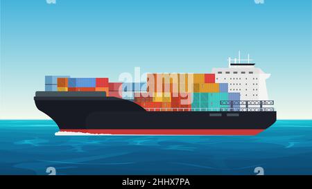 Vector Cargo ship with containers in the ocean. Delivery, transportation, shipping freight transportation Stock Vector