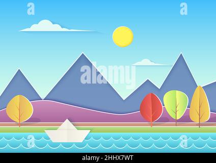 Trendy paper cuted landscape with mountains, hills, river, paper ship and trees. Summer landscape vector illustration Stock Vector