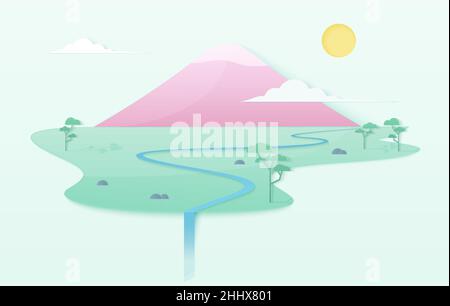 Trendy soft gradient clean world illustration concept with mountain, river, trees and waterfall. Japanese style pink mountain on island template poste Stock Vector