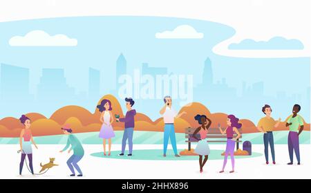 People playing with pets, talking and walking in a beautiful urban public park with modern city skyline on the background. Trendy gradient color vecto Stock Vector