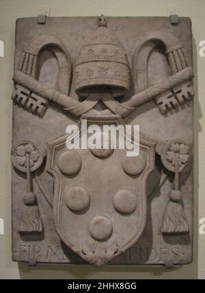 Arms of Pope Pius IV (Giovanni Angelo Medici of Milan, reigned 1559–65) mid-16th century Italian. Arms of Pope Pius IV (Giovanni Angelo Medici of Milan, reigned 1559–65). Italian. mid-16th century. Marble. Sculpture-Architectural Stock Photo