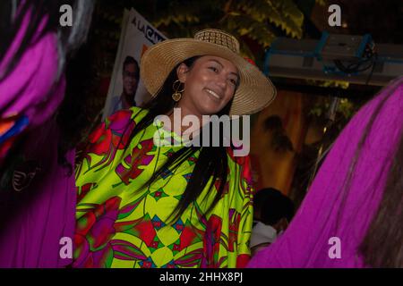 Bogota, Colombia. 25th Jan, 2022. Models with clothes alusive to Colombia daily politician topics model in downtown Bogota at the door of the Jorge Eliecer Gaitan Theatre in Bogota, Colombia on January 25, 2022. Credit: Long Visual Press/Alamy Live News Stock Photo