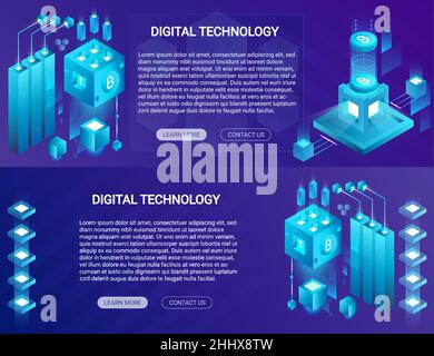 Cryptocurrency, bitcoin, blockchain isometric horizontal banners with web place of text and buttons Stock Vector
