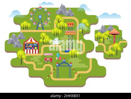 Cartoon vector amusement park map background isolated Stock Vector