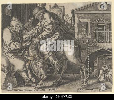 Copy of The Good Samaritan Paying the Innkeeper for the Care of the Wounded Man after 1554 after Heinrich Aldegrever German At left, the Good Samaritan lifts the limp body of the traveller onto the donkey. In the background at right, the inn with figures out front and a well. Plate 3 from a series of four engravings depicting Luke 10:30–35.. Copy of The Good Samaritan Paying the Innkeeper for the Care of the Wounded Man  428335 Stock Photo