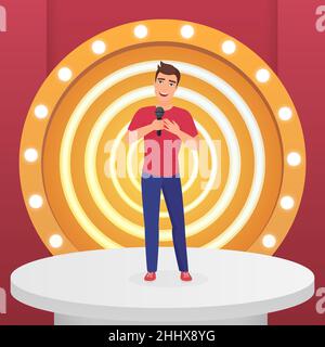 Man male singer star singing pop song with microphone standing on circle modern stage with lamps vector illustration Stock Vector