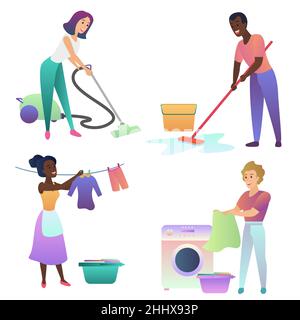 Isolated vector adult people cleaning up indoors Stock Vector