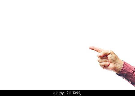 Man's hand pointing to something isolated on white background. Close up ...
