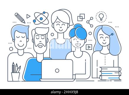 Flat line design of creative team. Teamwork outline color concept Stock Vector