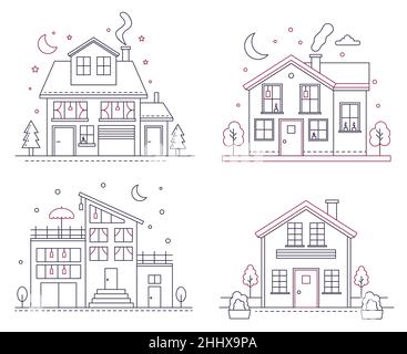 Vector thin line icon suburban american houses. Classic architecture civil building illustrations for infographic, web design and application interfac Stock Vector