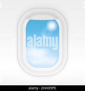 Aircraft realistic interior window with cloudy blue sky outside. Airplane windows travel or tourism vector concept Stock Vector