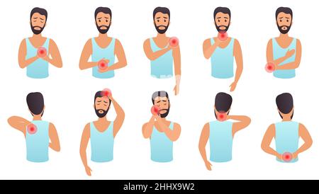 Body parts pain infographic set. Man feels pain in different parts of body flat vector illustration Stock Vector