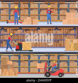 Delivery, warehouse, freight transportation company interior. Warehouse or factory workers with load equipment horizontal banners set Stock Vector