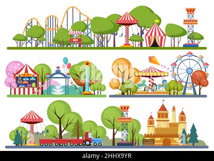 Amusement park horisontal banners. Volumetric color vector illistration Stock Vector