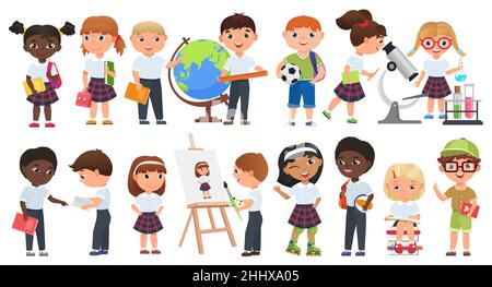 Cartoon cute kids set. School boys and girls children with books and school supplies collection Stock Vector