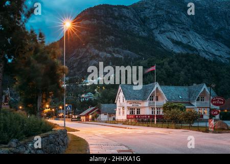 Eidfjord, Hordaland County, Hardanger Region, Hardangerfjord, Norway. Old Wooden House In Norwegian Countryside In Summer Night. Stock Photo